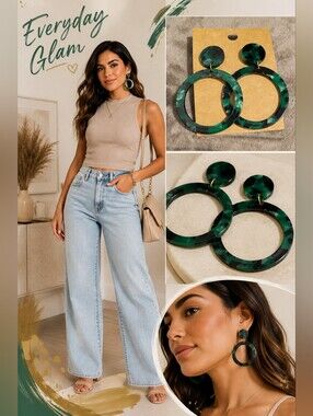 Green & Black Marbled Hoop Earrings | Lightweight Resin Statement Hoops | Modern